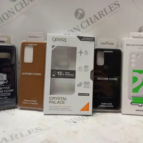 BOX OF APPROX 35 ASSORTED PHONE CASES TO INCLUDE - SAMSUNG SILICONE COVER WITH STRAP - GEAR 4 CRYSTAL PLALACE IPHONE 2020 5.4 - SAMSUNG LEATHER COVER GALAXY Z FOLD 2 ECT