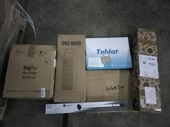 PALLET OF ASSORTED ITEMS INCLUDING SPACE HEATER, TOTAL CHEF AIR FRYER, TOHLAR KITCHEN FAUCET, DOOR BRACE, ELECTRICAL PATIO HEATER, PORTABLE CLOSET 