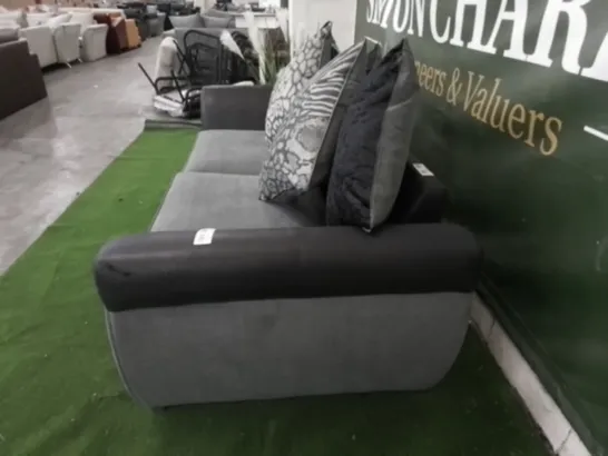 DESIGNER HILTON GREY AND BLACK FABRIC THREE SEATER SOFA ON METAL BAR FEET WITH SCATTER BACK CUSHIONS 