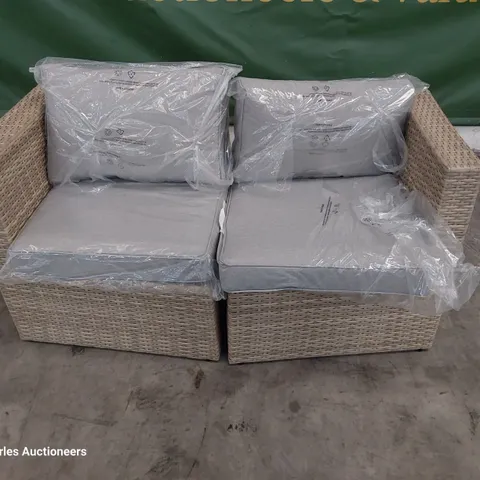 TWO SEATER LIGHT GREY RATTAN SOFA & CUSHIONS