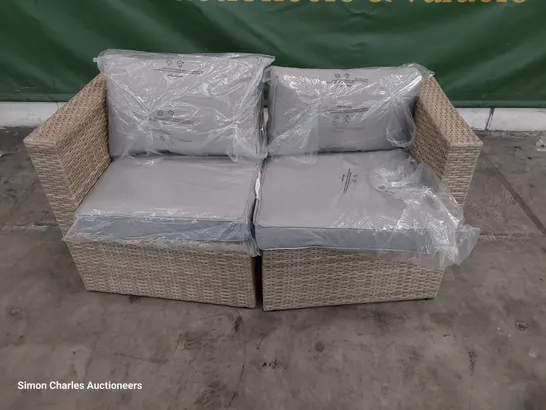 TWO SEATER LIGHT GREY RATTAN SOFA & CUSHIONS