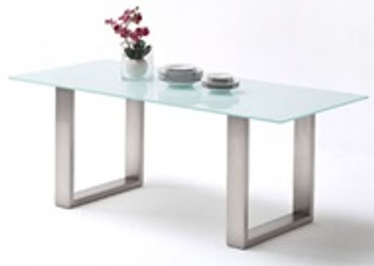 BOXED  SAYONA GLASS DINING TABLE IN PURE WHITE AND STAINLESS STEEL LEGS(2 BOXES)