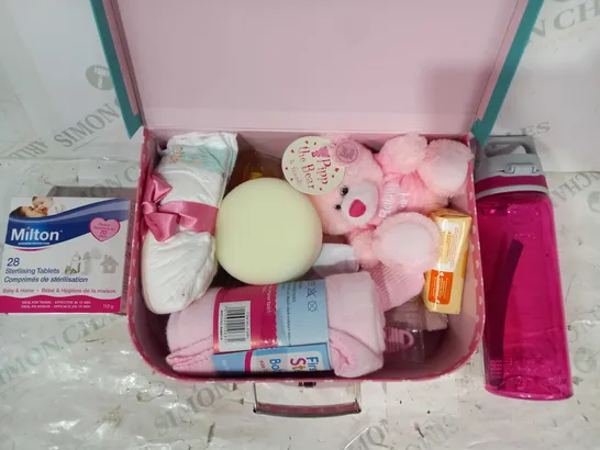 BOX OF APPROXIMATELY 15 ASSORTED HOUSEHOLD ITEMS TO INCLUDE DESIGNER WATER BOTTLE, BABY GIRL GIFT SET, MILTON STERILISING TABLETS, ETC