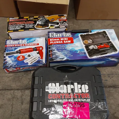 BOX OF ASSORTED CLARKE TOOLS TO INCLUDE: 18V CORDLESS NAILER/STAPLER, NEEDLE SCALER & HAMMER KIT, 115MM ANGLE GRINDER, 85MM PLUNGE SAW ECT 