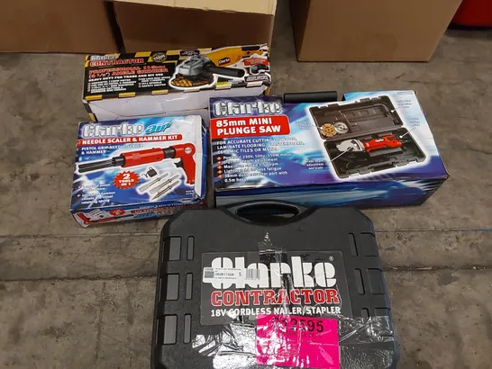 BOX OF ASSORTED CLARKE TOOLS TO INCLUDE: 18V CORDLESS NAILER/STAPLER, NEEDLE SCALER & HAMMER KIT, 115MM ANGLE GRINDER, 85MM PLUNGE SAW ECT 