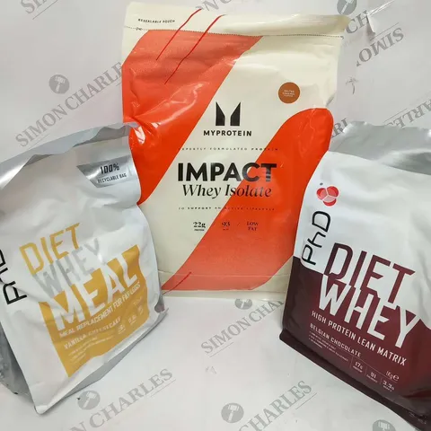 THREE ASSORTED WHEY BASED PRODUCTS TO INCLUDE; MYPROTEIN AND PHD