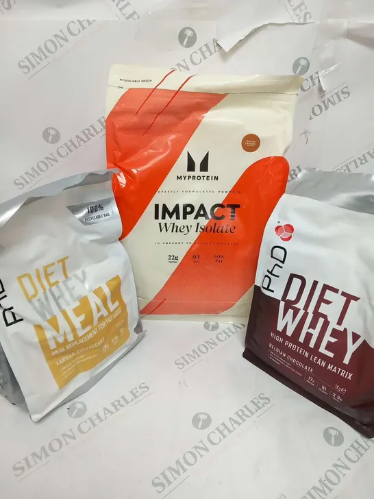 THREE ASSORTED WHEY BASED PRODUCTS TO INCLUDE; MYPROTEIN AND PHD