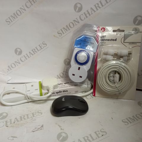 LOT OF APPROXIMATELY 10 ASSORTED ELECTRICAL ITEMS, TO INCLUDE AERIAL KIT, EXTENSION ADAPTERS, PROGRAMME TIMER, ETC