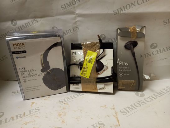 LOT OF 3 ASSORTED MIXX ITEMS TO INCLUDE WIRELESS STEREO HEADPHONES, WIRELESS CHARGER, WIRELESS EARPHONES 