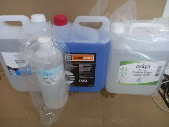 LOT OF 4 CLEANING PRODUCTS TO INCLUDE - PURIFIED WATER - OMNI CRAFT P20 SCREEN WASH - ORIGO DISTILLED WATER - VEGETABLE GLYCERIN / COLLECTION ONLY 