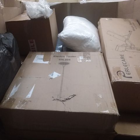 PALLET OF ASSORTED HOMEWARE ITEMS SUCH AS WEIGHT BENCH, ELECTRIC HEATER, FOAM PILLOWS, PIZZA STONES, WALLPAPER ETC