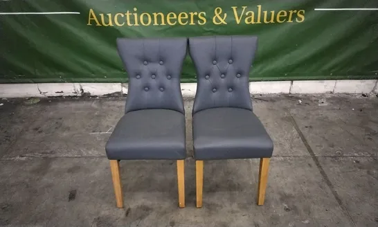 PAIR OF BEWLEY GREY LEATHER BUTTON BACK DINING CHAIRS WITH OAK LEGS 