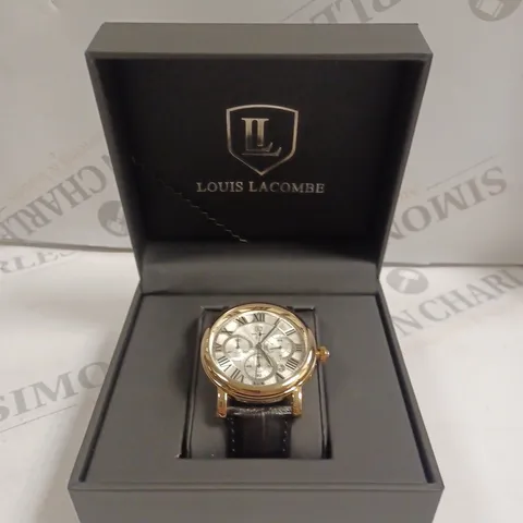 MENS LOUIS LACOMBE CHRONOGRAPH WATCH – MULTI FUNCTION DIAL WITH DATE – ROMAN NUMERAL DIAL – LEATHER STRAP