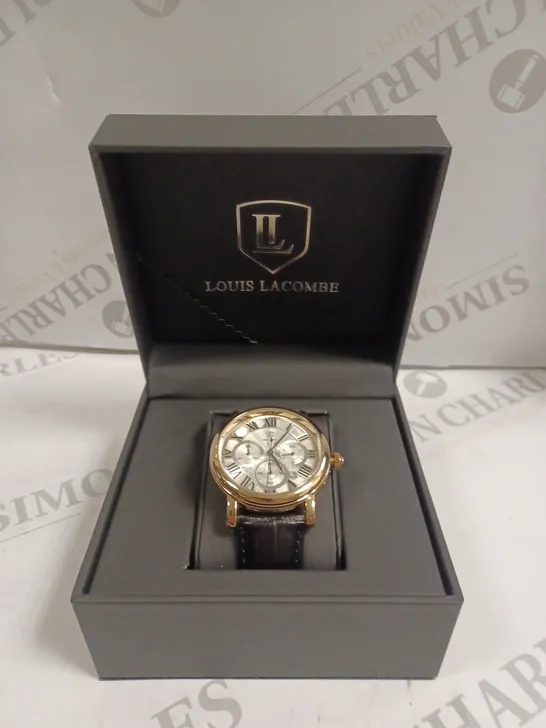 MENS LOUIS LACOMBE CHRONOGRAPH WATCH – MULTI FUNCTION DIAL WITH DATE – ROMAN NUMERAL DIAL – LEATHER STRAP