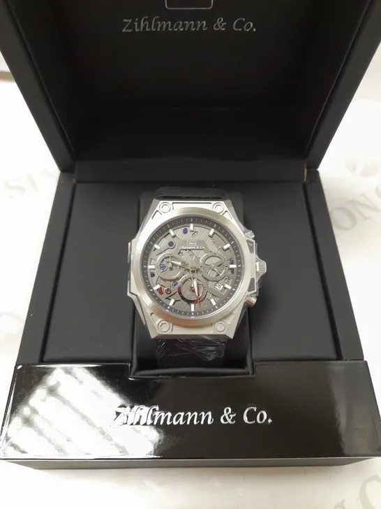 ZIHLMANN & CO GREY TRIPLE DIAL BLACK LEATHER STRAP WATCH