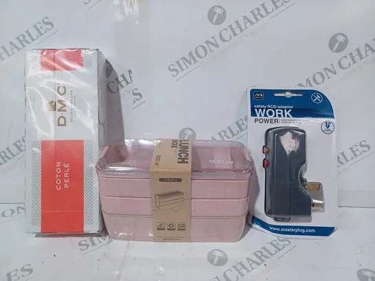 BOX OF APPROXIMATELY 20 ASSORTED HOUSEHOLD ITEMS TO INCLUDE SAFETY RCD ADAPTOR, LUNCH BOX IN PINK, DMC COTTON BALLS, ETC