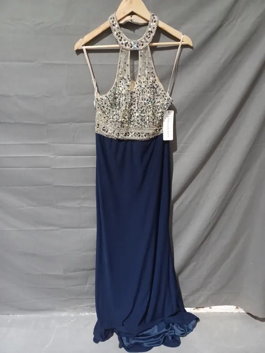 KISS ME KATE HALTER NECK CRYSTAL DETAIL DRESS IN NAVY - SIZE 8