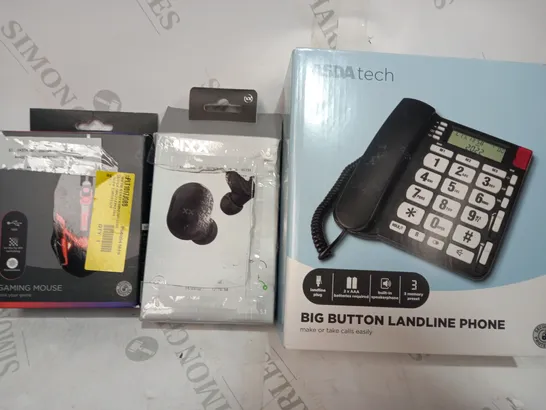 LOT OF APPROXIMATELY 20 ASSORTED HOUSEHOLD ITEMS TO INCLUDE ASDA TECH GAMING MOUSE, MIXX STREAMBUDS LX TRUE WIRELESS EARBUDS, ASDA TECH BIG BUTTON LANDLINE PHONE, ETC