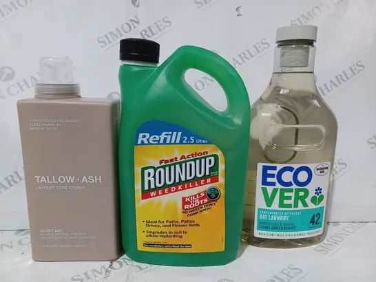 APPROXIMATELY 10 ASSORTED HOUSEHOLD ITEMS TO INCLUDE ECO VER CONCENTRATED DETERGENT, ROUNDUP WEEDKILLER, TALLOW + ASH LAUNDRY CONDITIONER, ETC - COLLECTION ONLY