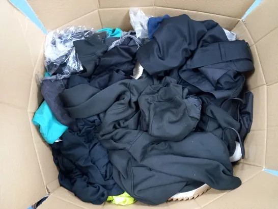 LARGE BOX OF ASSORTED CLOTHING ITEMS IN VARIOUS COLOURS AND SIZES INCLUDING TROUSERS , TOPS AND JUMPERS 