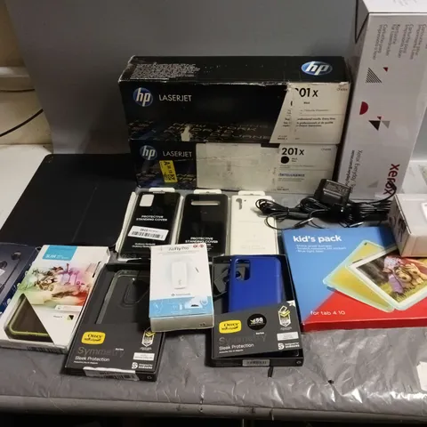 BOX OF APPROXIMATELY 10 ASSORTED HOUSEHOLD GOODS TO INCLUDE HP LASERJET INK, KEYBOARD FOR TABLET, PHILIPS FRESHTONES, PHONE CASES, AIRFLY PRO, AND TAB 410 TAB CASE ETC. 