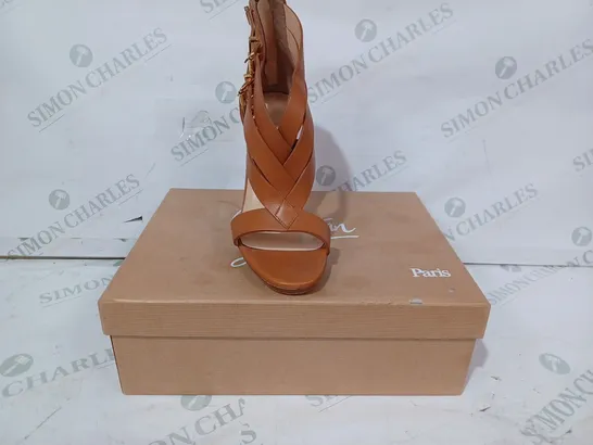 BOXED PAIR OF CHRISTIAN LOUBOUTIN OPEN TOE STILETTO HEELS IN TAN EU SIZE 37