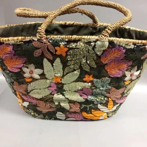 BRAND NEW BROWN PEPPER HANDBAGS LARGE MULTI EMBROIDERY SEQUIN KHAKI INTERIOR BASKET BAG