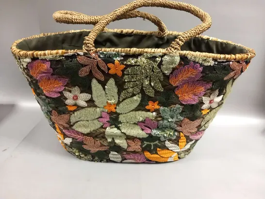 BRAND NEW BROWN PEPPER HANDBAGS LARGE MULTI EMBROIDERY SEQUIN KHAKI INTERIOR BASKET BAG