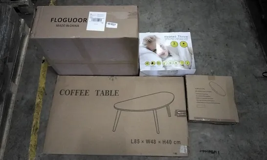 PALLET OF ASSORTED ITEMS INCLUDING COFFEE TABLE, HEATED THROW, VIPMOON LED CEILING LIGHT FIXTURES, FLOGUOOR, VOSPEED STAND MIXER, CHARCOAL OIL DRUM BBQ WITH COVER