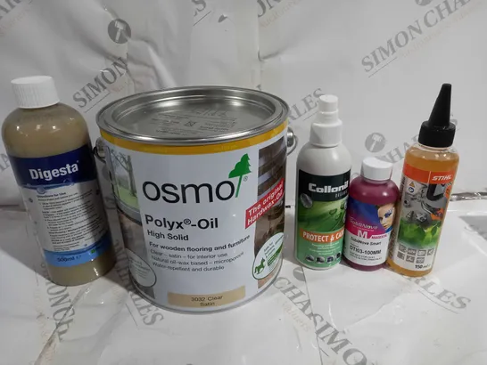 BOX OF 12 ASSORTED ITEMS TO INCLUDE - OSMO POLYX OIL HIGH SOILD - DIGESTA DRAIN CLEANER - COLLONIL PROTECT & CARE ECT