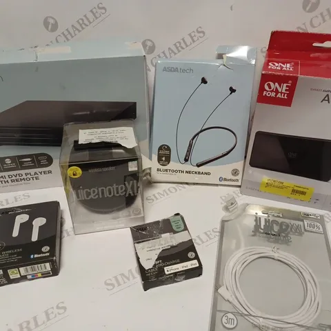 BOX OF APPROX 15 ASSORTED ITEMS INCLUDING JUICE PORTABLE SPEAKER, ONE FOR ALL AERIAL AND ASDATECH WIRELESS EARBUDS