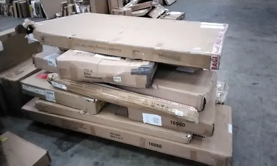 PALLET OF ASSORTED FLATPACK FURNITURE PARTS INCLUDING DINING TABLES, SIDEBOARD AND WARDROBE 