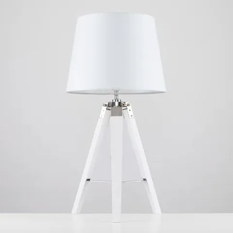 BOXED HAWARTH WOOD TRIPOD TABLE LAMP - WHITE (1 BOX)