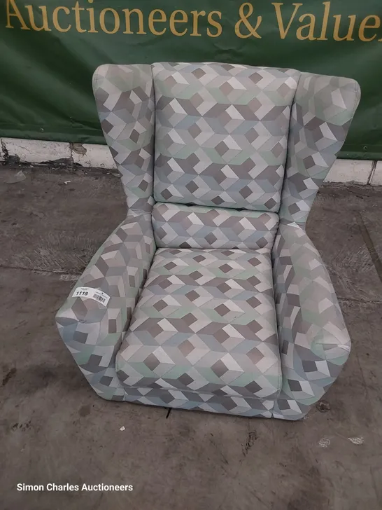 QUALITY BRITISH DESIGNER G PLAN WINGED EASY CHAIR BLUR/GREY GEO FABRIC 