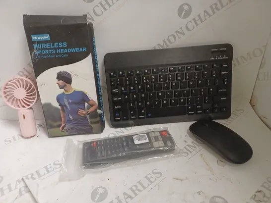 BOX OF APPROXIMATELY 10 ASSORTED ITEMS TO INCLUDE PORTABLE FAN, KEYBAORD & MOUSE, SPORTS HEADWEAR ETC