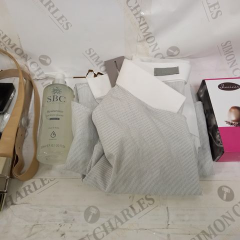 BOX OF APPROXIMATELY 7 ASSORTED HOUSEHOLD ITEMS TO INCLUDE DIOR SHIRT SIZE 42, SBC HYALURONIC GEL, ETC