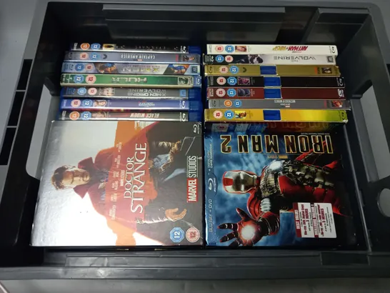 APPROXIMATELY 30 ASSORTED DVDS TO INCLUDE MARVEL IRON MAN 4 DVD SET COMPETE ANIMATED SERIES, THOR THE DARK WORLD (BLU-RAY 3D), X-MEN THE ULTIMATE COLLECTION (BLU-RAY), ETC