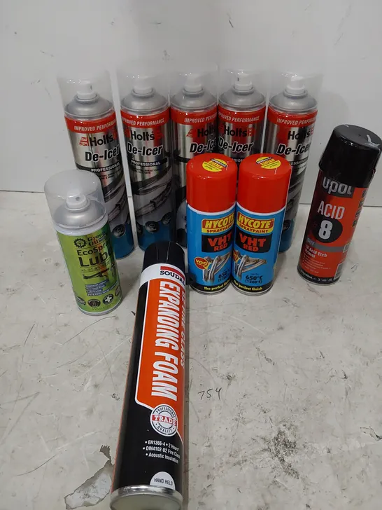 TWO TOTES OF ASSORTED AEROSOLS INCLUDING HOLTS DEICER, SPIDER KILLER, GREEN OIL ECO LUBE, EXPANDING FOAM, HIGH TEMP PAINT.