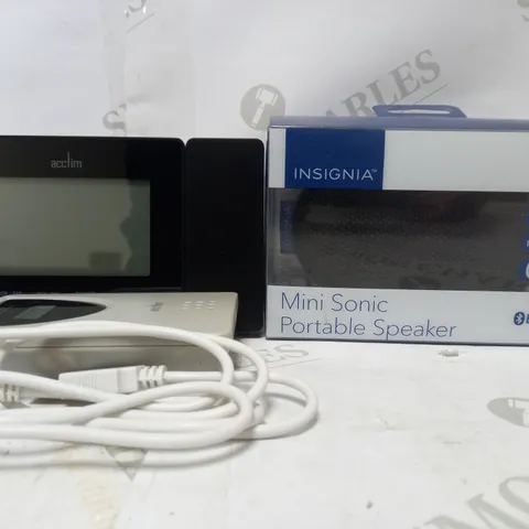 LOT OF AN INSIGNIA MINI SONICPORTABLE SPEAKER AND AN ACCTIM WEATHER STATION