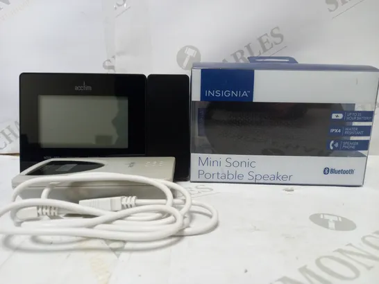 LOT OF AN INSIGNIA MINI SONICPORTABLE SPEAKER AND AN ACCTIM WEATHER STATION