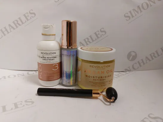 4 REVOLUTION ITEMS TO INCLUDE BOND RESTORE TREATMENT, ARGAN OIL HAIR MASK, ANTI BLUE LIGHT PRIMER