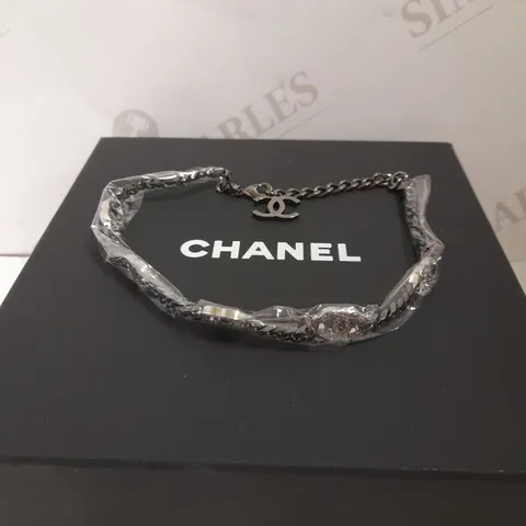 CHANEL GUN METAL GREY SILVER NECKLACE WITH STONE DETAIL