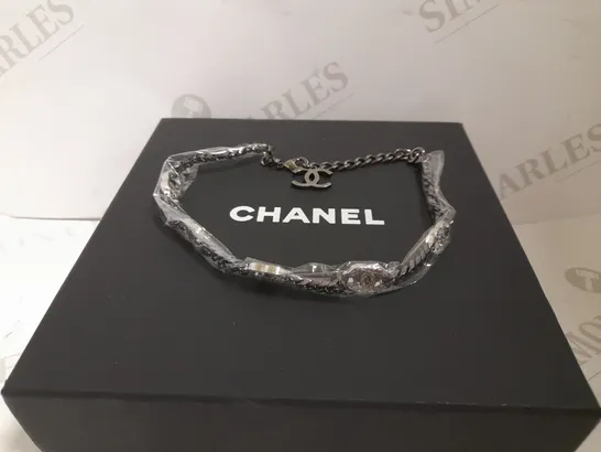 CHANEL GUN METAL GREY SILVER NECKLACE WITH STONE DETAIL