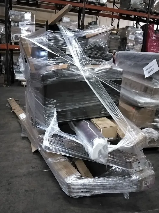 PALLET OF ASSORTED FLAT PACK FURNITURE AND PARTS TO INCLUDE: DINING CHAIRS, SOFA, 4M MANUAL BLIND WITH ZIPPER, PERGOLAS ETC