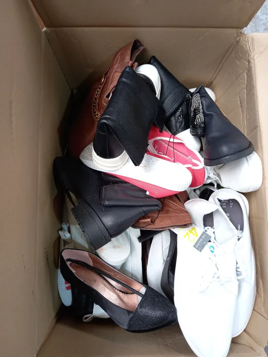 BOX OF APPROX 10 PAIRS OF ASSORTED WOMENS SHOES IN VARIOUS COLOURS, STYLES AND SIZES