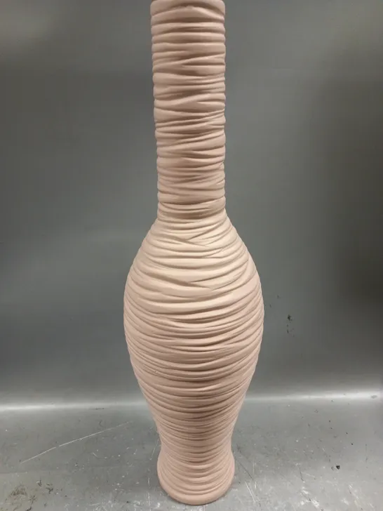 BOXED TALL RIBBED EFFECT VASE IN BABY PINK APPROX 60X16CM