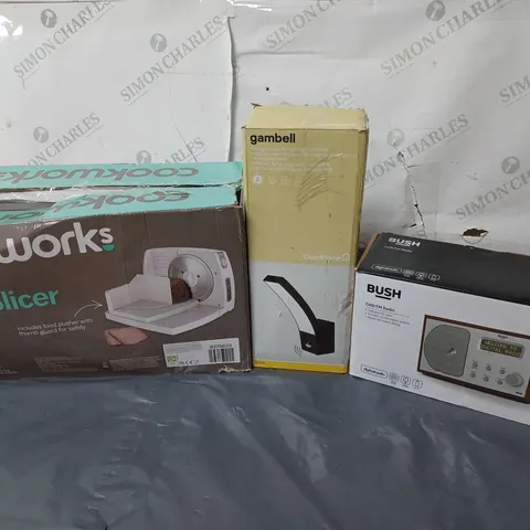 APPROXIMATELY 10 ASSORTED BOXED ELECTRICAL ITEMS TO INCLUDE COOKWORKS FOOD SLICER, GAMBELL LED WALL LIGHTS, BUSH DAB/FM RADIO, ETC