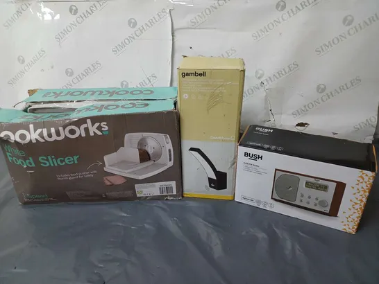 APPROXIMATELY 10 ASSORTED BOXED ELECTRICAL ITEMS TO INCLUDE COOKWORKS FOOD SLICER, GAMBELL LED WALL LIGHTS, BUSH DAB/FM RADIO, ETC