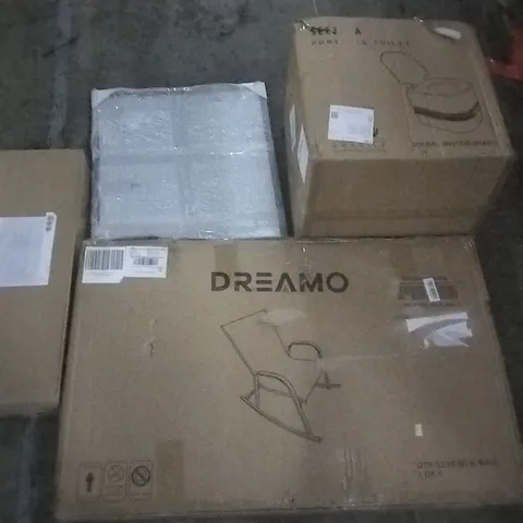 PALLET OF ASSORTED ITEMS INCLUDING DREAMO ROCKING CHAIR, SEEZSSA PORTABLE TOILET, IKEA FISKBO 50×70CM, NAVARIS MODERN LED CEILING LAMP, BIKE REPAIR STAND, BULLSEYE BOXING SET