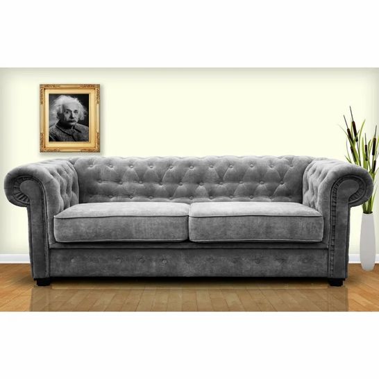 BOXED DESIGNER THREE POSTS ALDERWOOD THREE SEATER CHESTERFIELD SOFA LIGHT GREY FABRIC